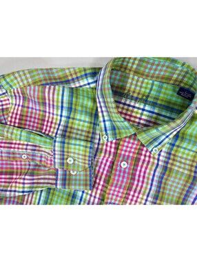 Alan Flusser Mens L Multicolor Plaid Shirt Long Sleeve Button Down 100% Cotton